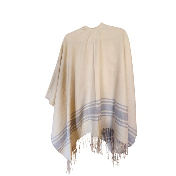 Beige & Blue Striped Fringe Open Front Poncho Wrap One Size By Forever 21 - Picture 3 of 3